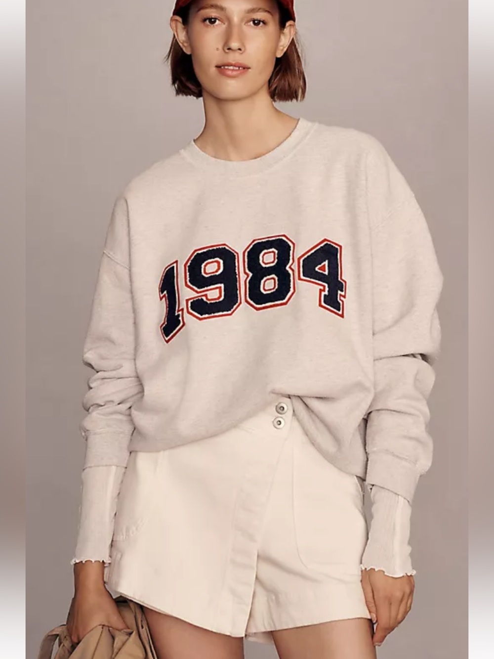 Anthropologie 1984 Pullover Sweatshirt - Light Gray with Navy & red Graphic